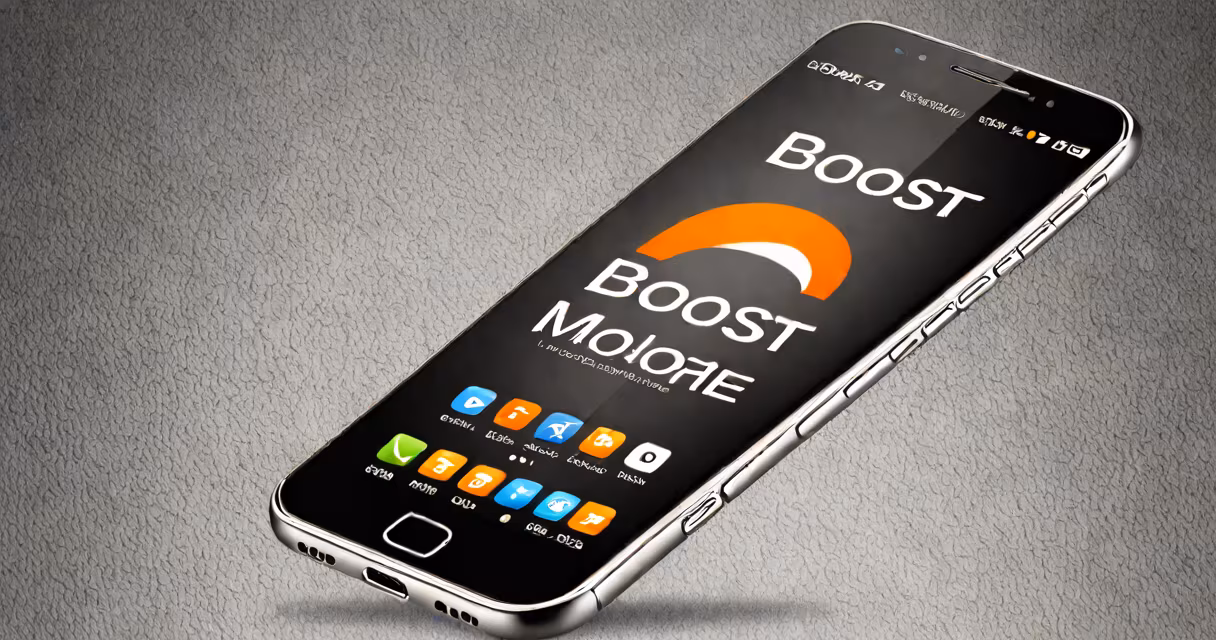 Smartphone with Boost Mobile logo on a gray background, showing network signal bars