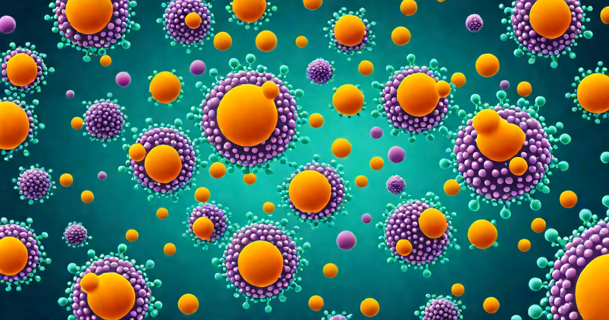Microscopic image of activated Th2 cells surrounded by cytokine molecules