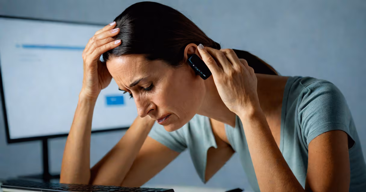 Woman rubbing her temples while staring at a computer screen with blurred text