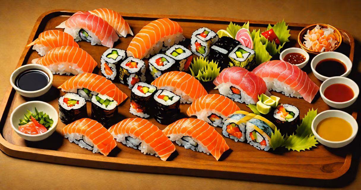 A clean photo of a sushi platter with nigiri, maki, and sashimi arranged on a wooden tray under soft lighting