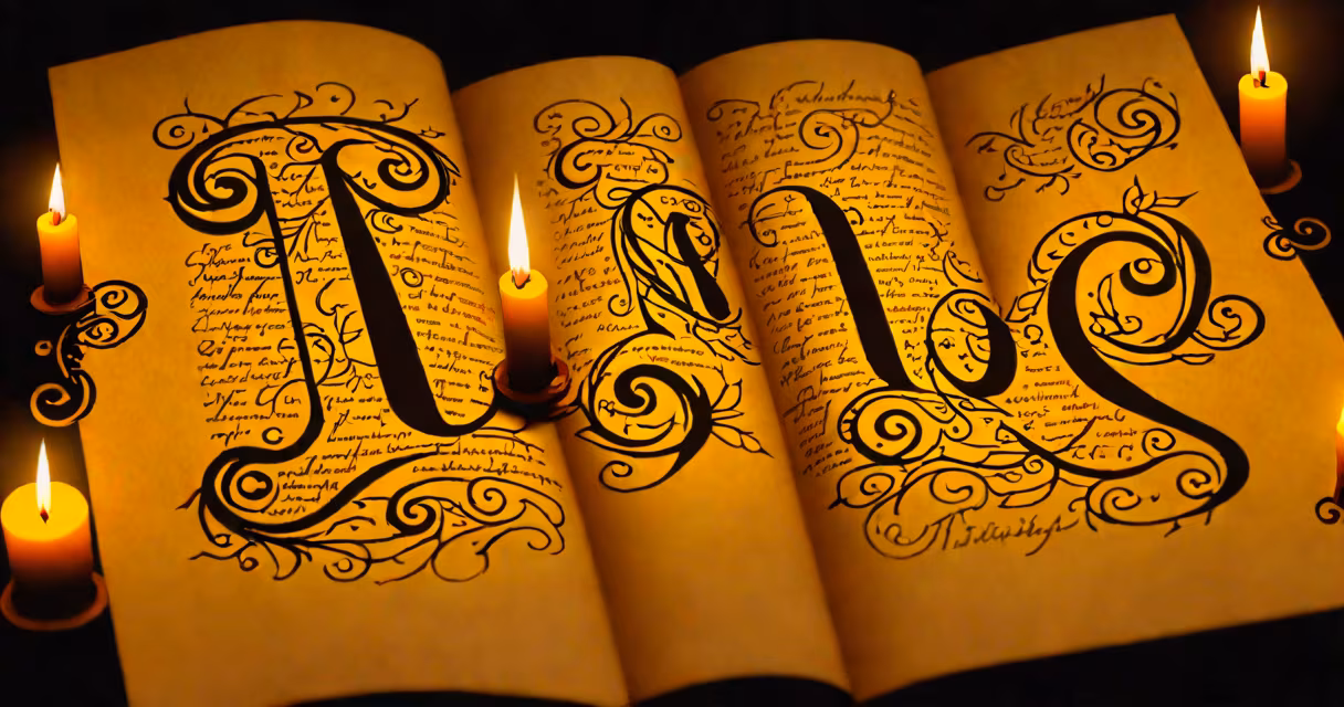 Close-up of ornate handwritten letters on aged parchment, glowing softly under candlelight