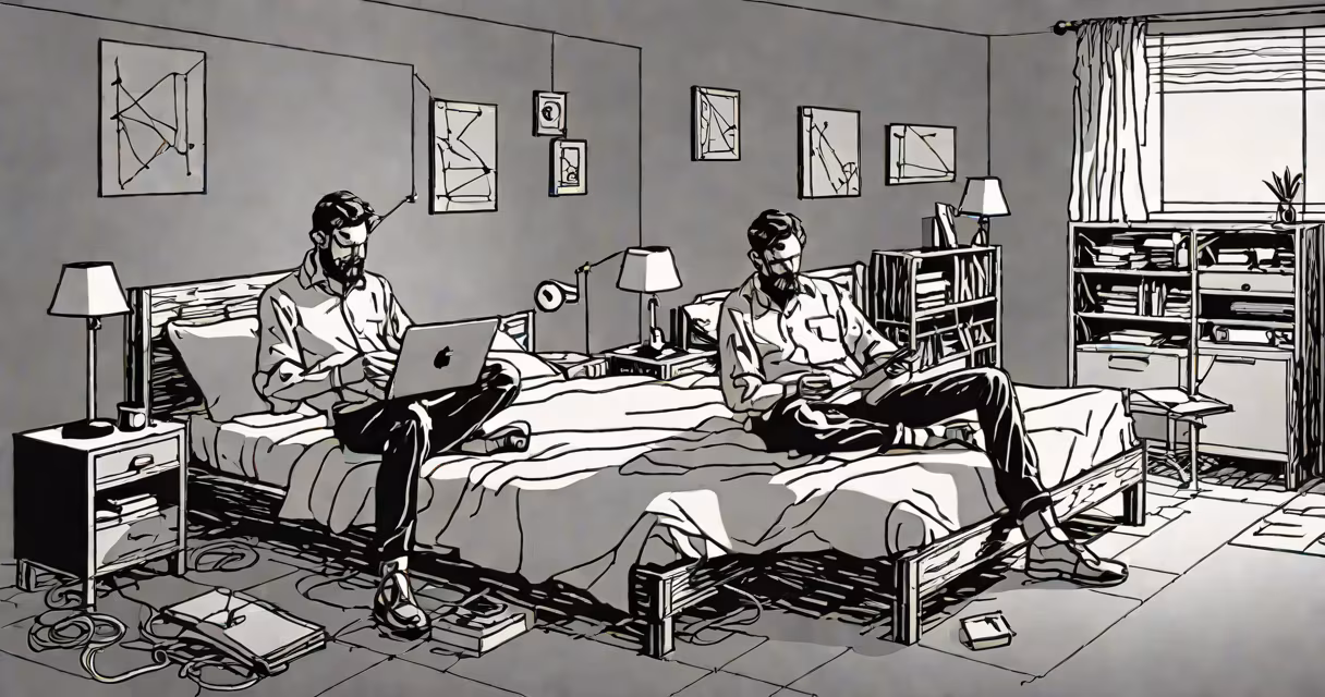 Man sitting on edge of bed looking concerned, smartphone in hand, dimly lit room