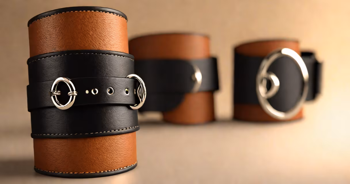 Close-up of leather cuffs on a wrist, soft lighting, neutral background