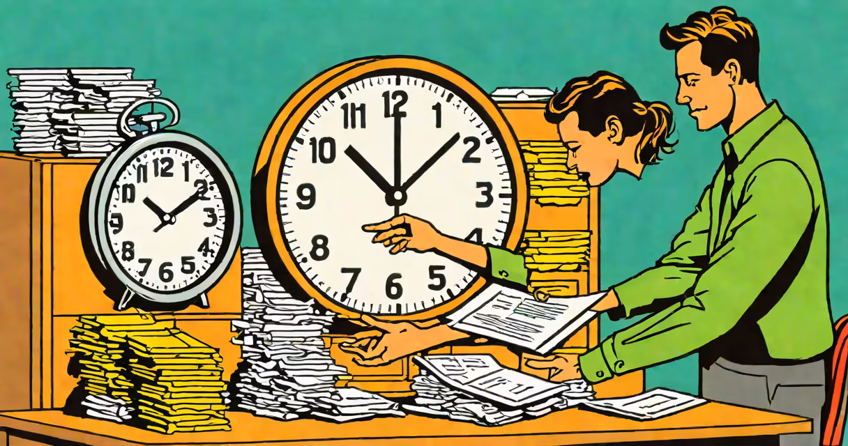Illustration of a worker clocking in past 40 hours, with a paycheck showing time-and-a-half pay