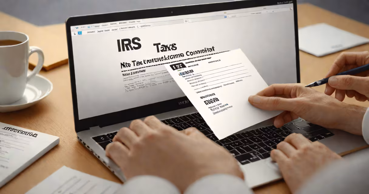 A person reviewing IRS tax forms on a laptop, with a blank W-2 form visible