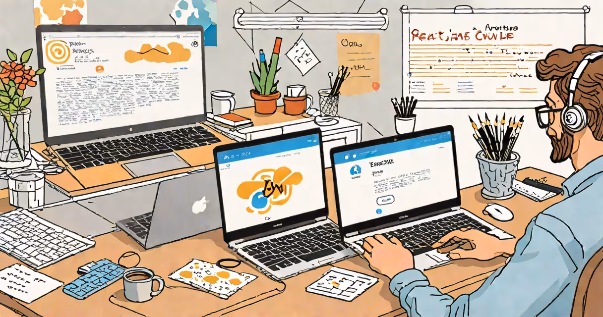 Side-by-side view of a developer typing React code on a laptop and a live preview of a dynamic web app in a browser