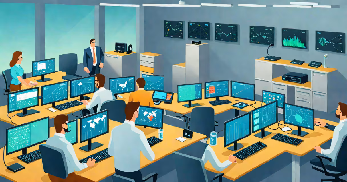 Professional cybersecurity team reviewing network security dashboards in a control room