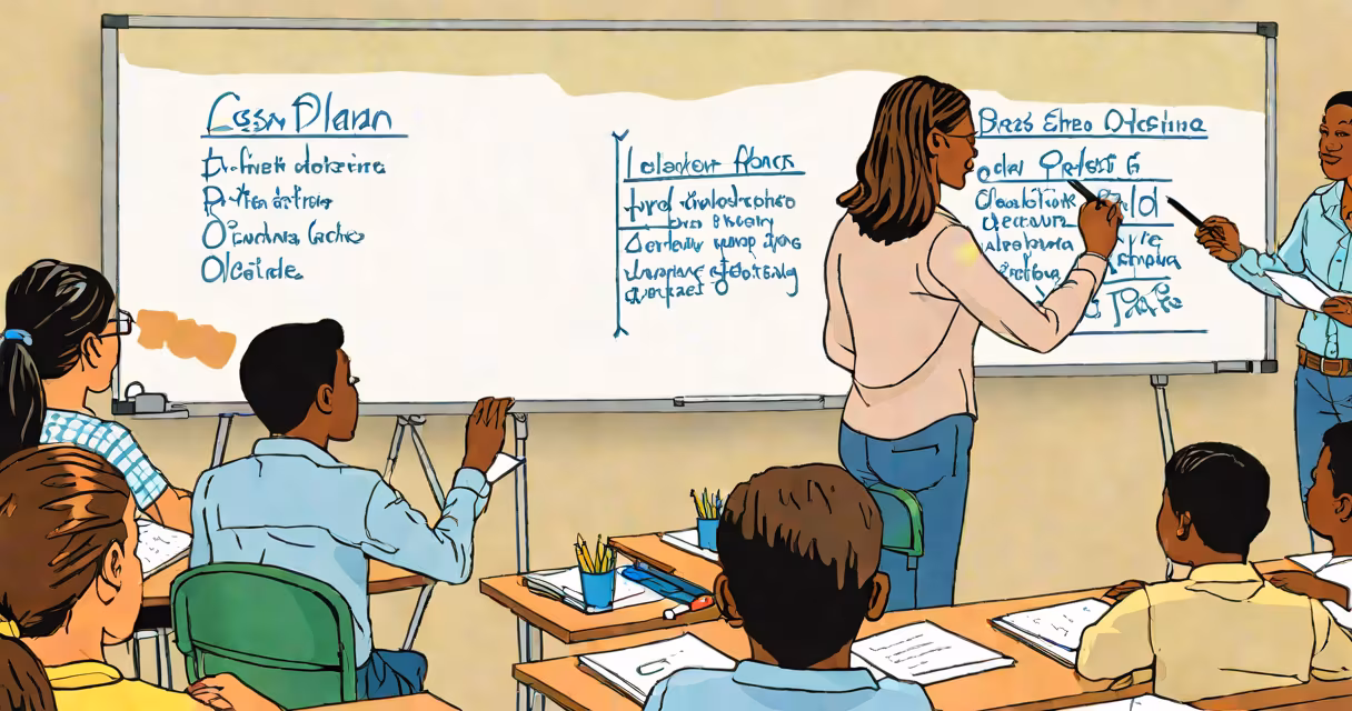 Photograph of a teacher writing lesson objectives on a whiteboard with students observing