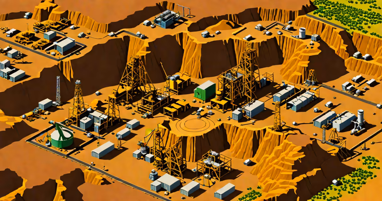 Aerial view of Harmony Gold Mining Co Ltd's mine site in South Africa with processing facilities and open pits