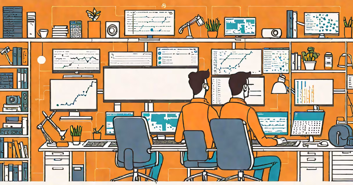Professional developer working on a dual-monitor setup with data visualization and code interface