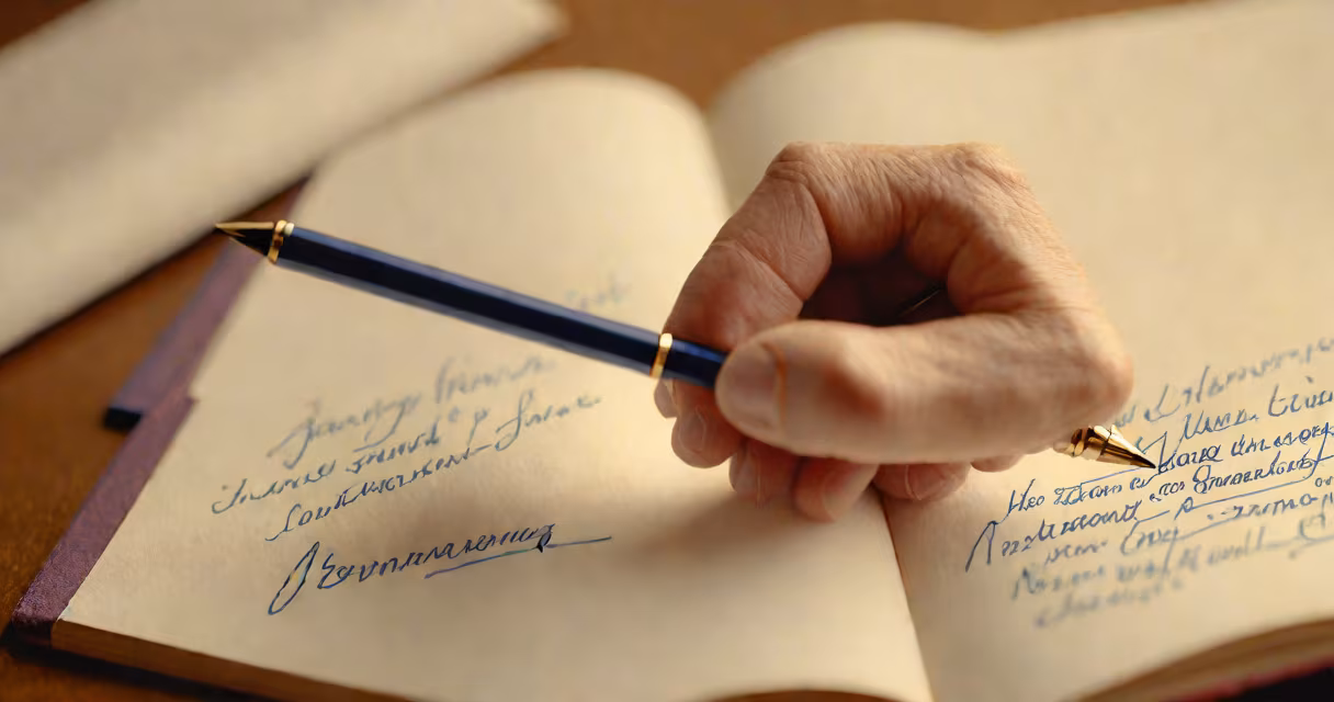 Close-up of a pen writing definitions in a notebook with light reflecting off paper