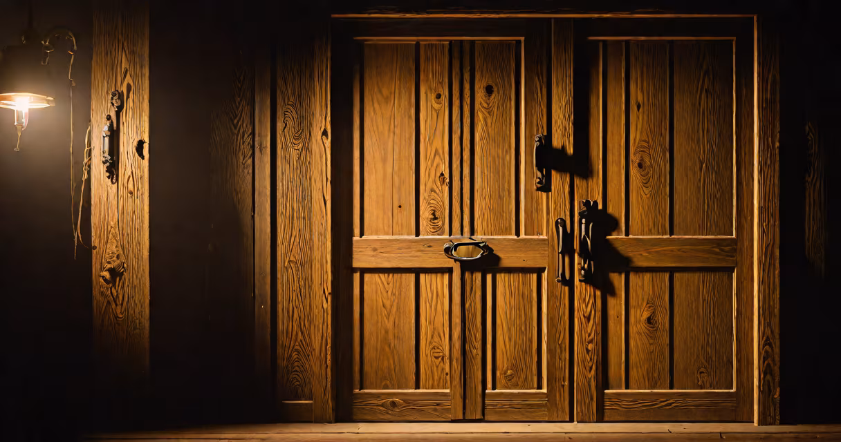 A weathered wooden door with a faint light glowing behind it, symbolizing the hope of deliverance