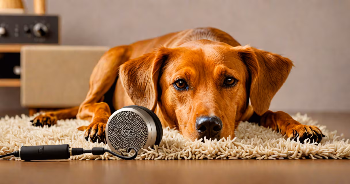 Soft instrumental music playing on a speaker near a calm dog lying on a rug