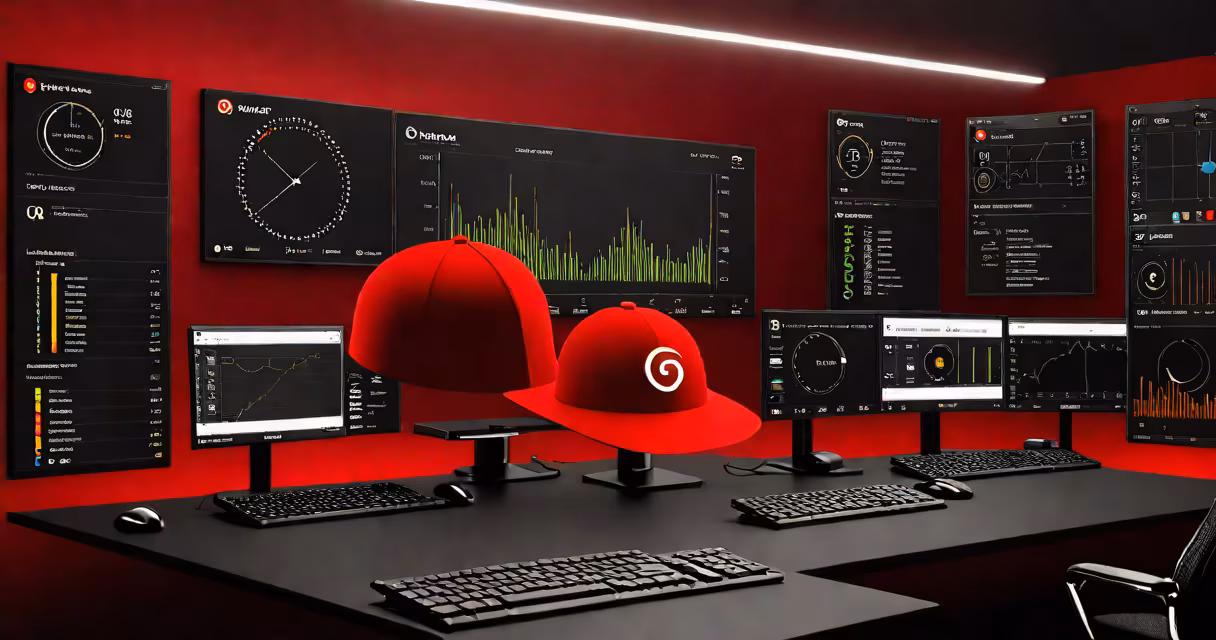 Professional rendering of Red Hat OpenShift Dedicated dashboard with secure network visualization
