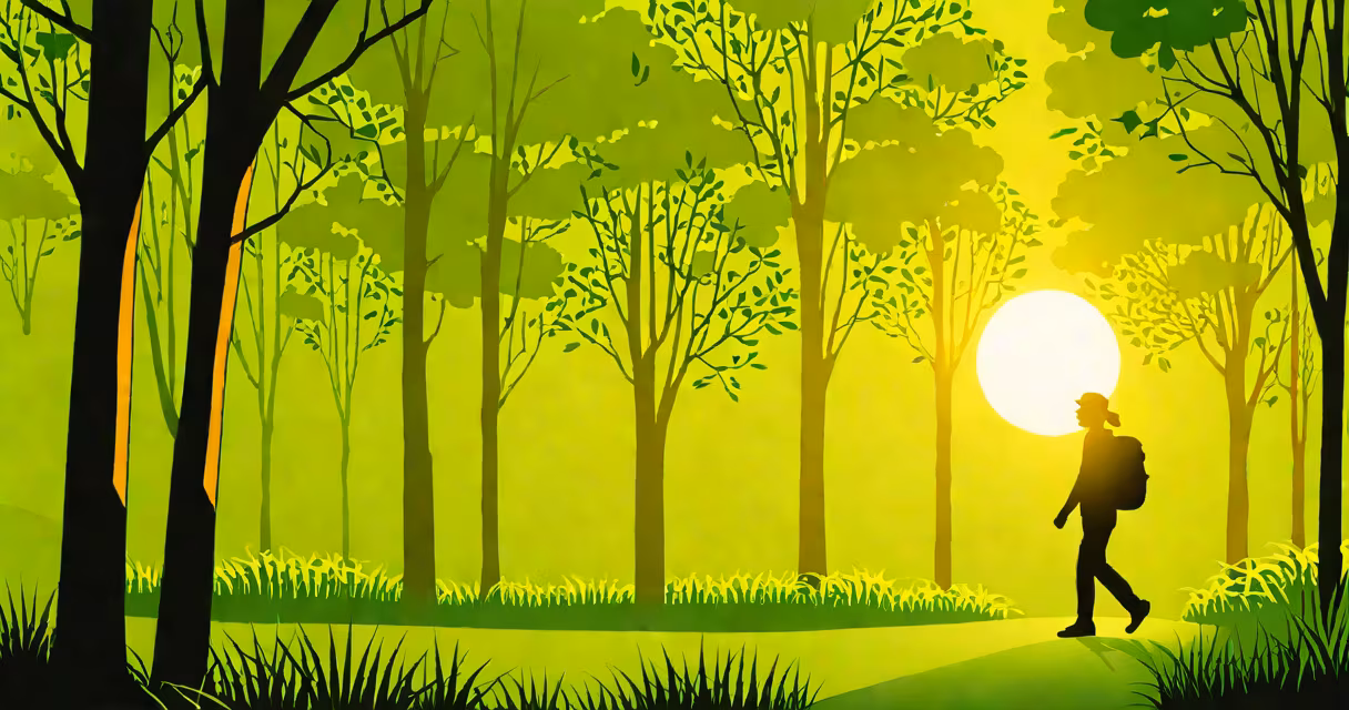 A person walking outdoors with sunlight filtering through trees, symbolizing vitality and well-being