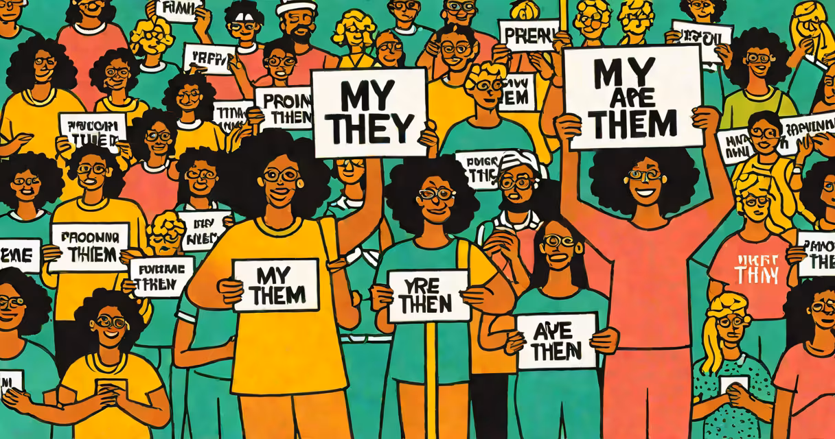 A person holding a sign that reads "My pronouns are they/them" at a diversity event