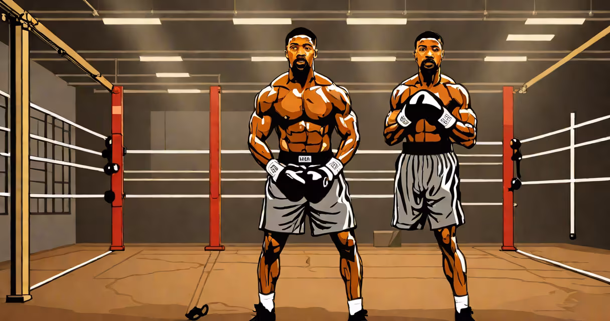 Michael B. Jordan as Adonis Creed in a boxing gym, training under Rocky Balboa's watchful eye