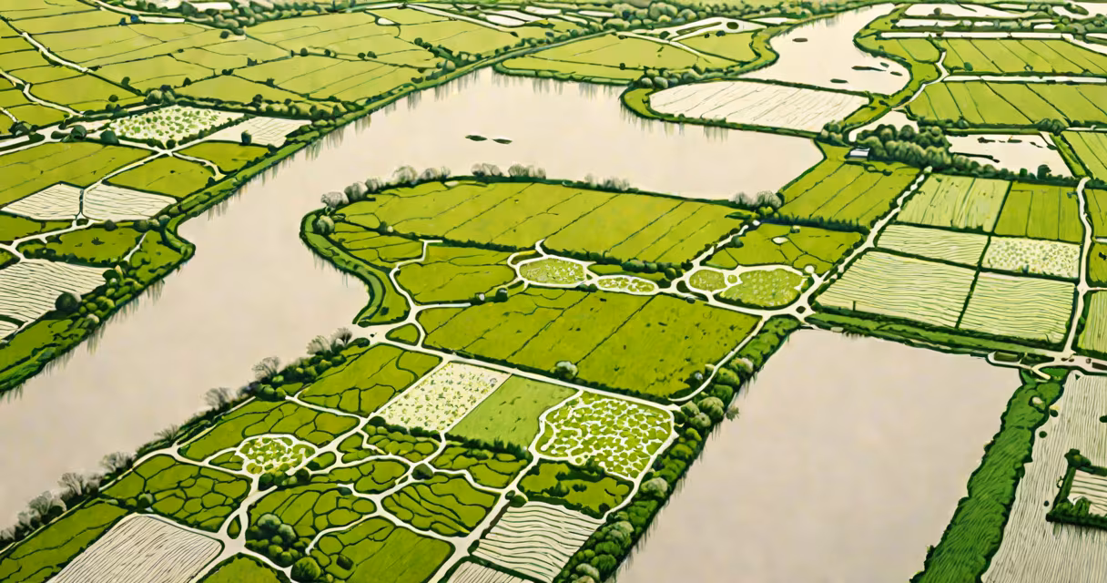 Aerial view of farmland adjacent to a polluted river with visible algal blooms