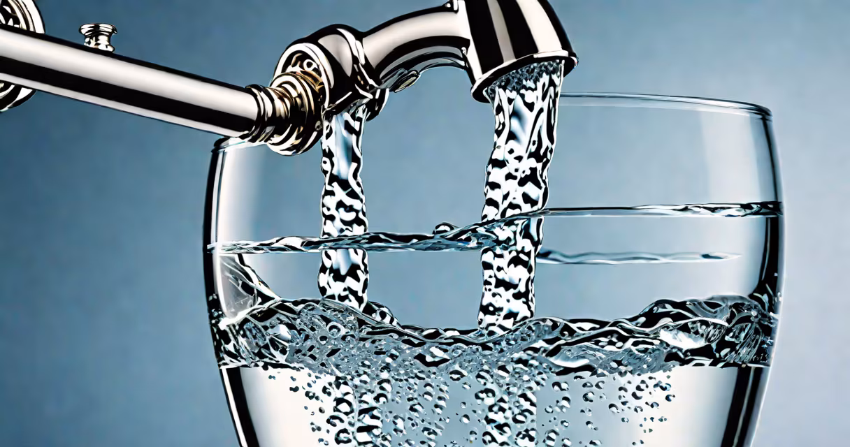 Close-up of clear water droplets falling into a glass from a filtered faucet