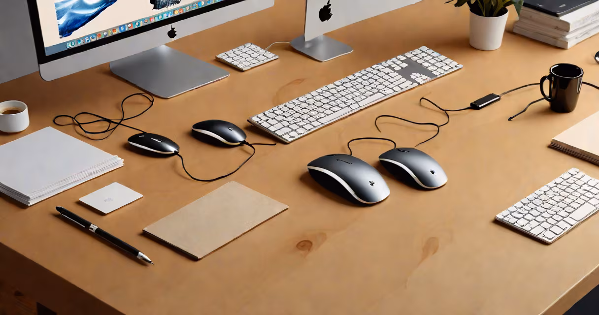 Minimalist setup showing a sleek bluetooth mouse paired with a Mac Pro on a wooden desk