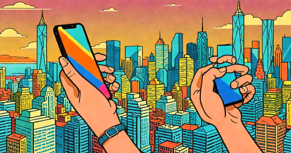 iPhone 15 Pro Max held in hand, showing signal bars at full strength against a city skyline