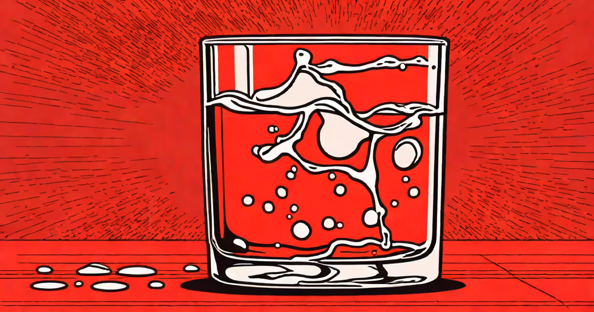 A glass of water with a red "drunk" label, symbolizing the past participle form of "drink"