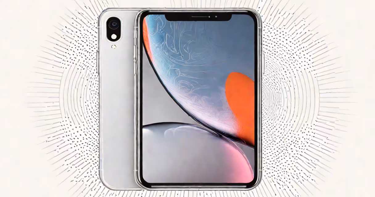 Front-facing view of an iPhone XR in space gray, held against a neutral backdrop