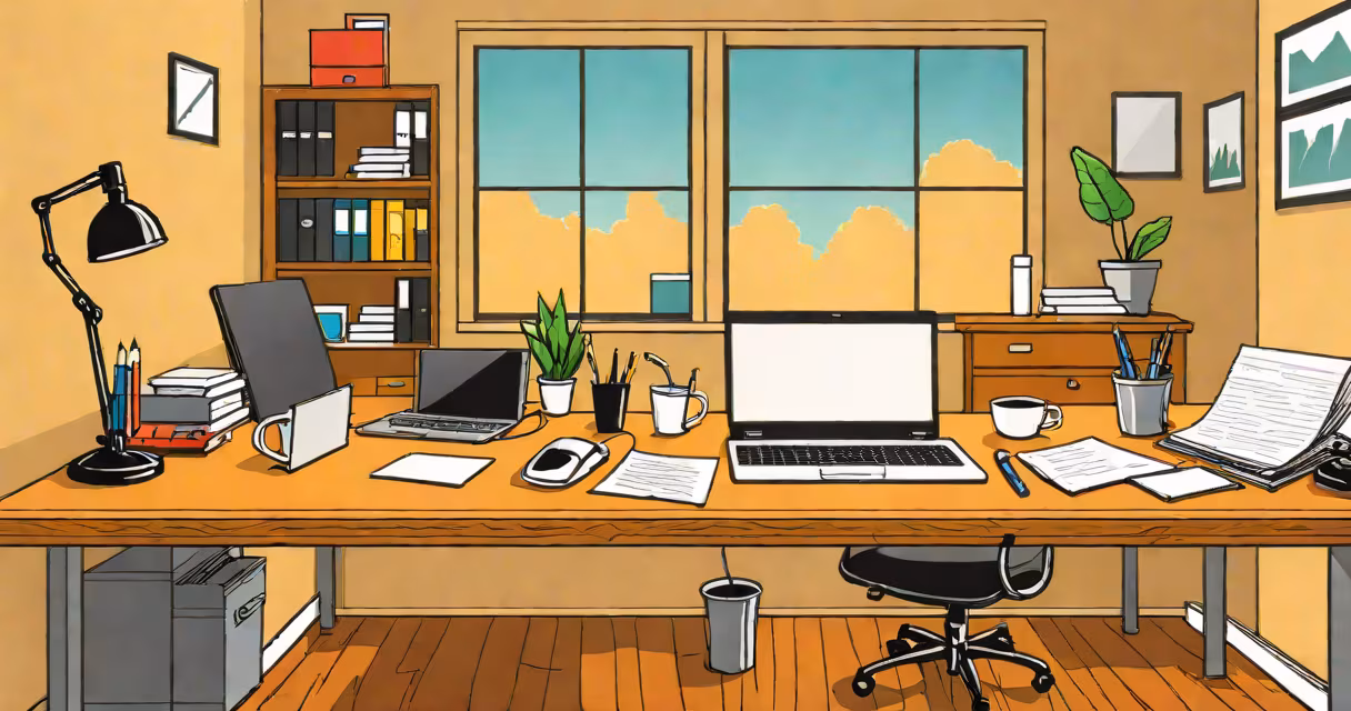 A clean desk setup with laptop, notebook, and tax forms on a wooden surface, natural light from a window
