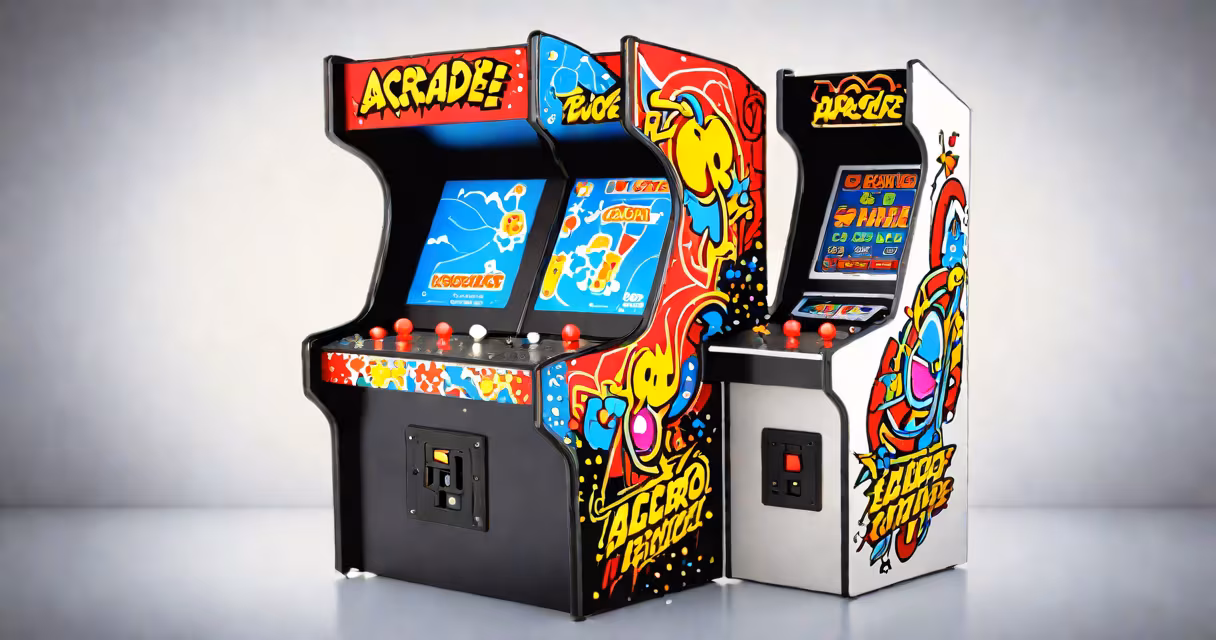 A 1980s-style arcade cabinet with glowing lights and pixel art on a clean white background