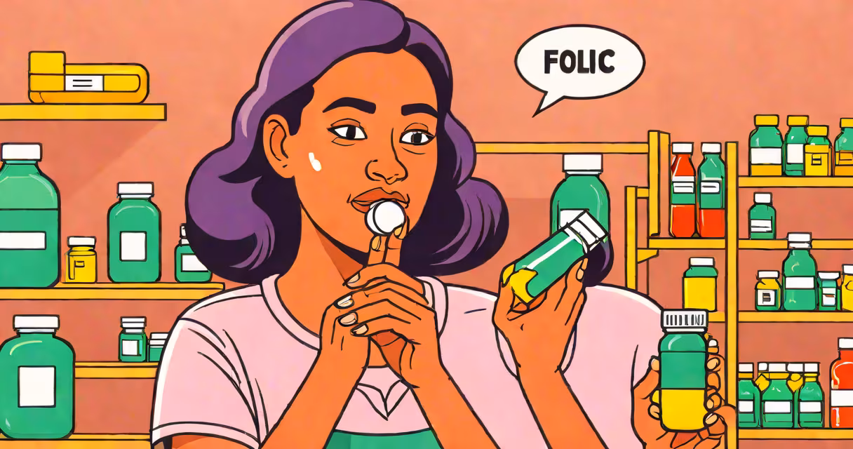 Woman holding a pill bottle labeled "folic acid" with a faint expression of discomfort