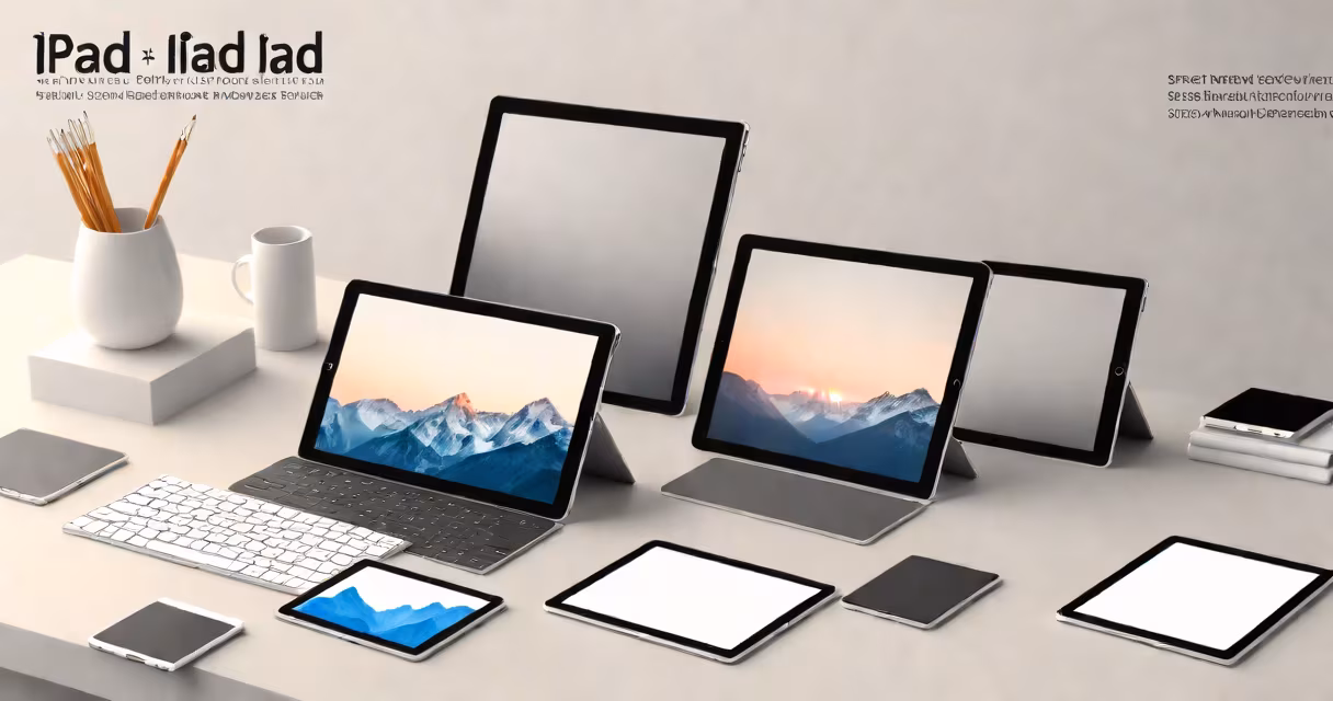 iPad lineup laid out on a white desk with labeled model names and screen sizes