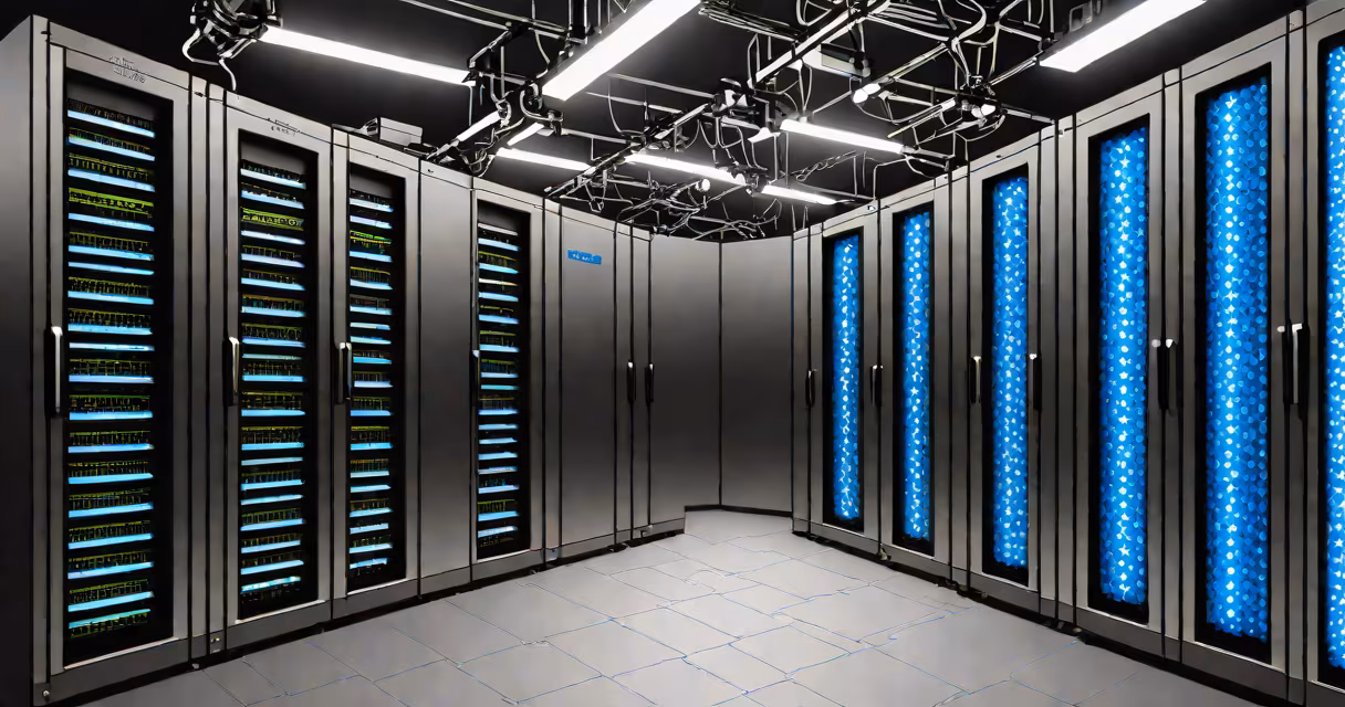 NVIDIA data center server rack with glowing blue lights, clean industrial setting