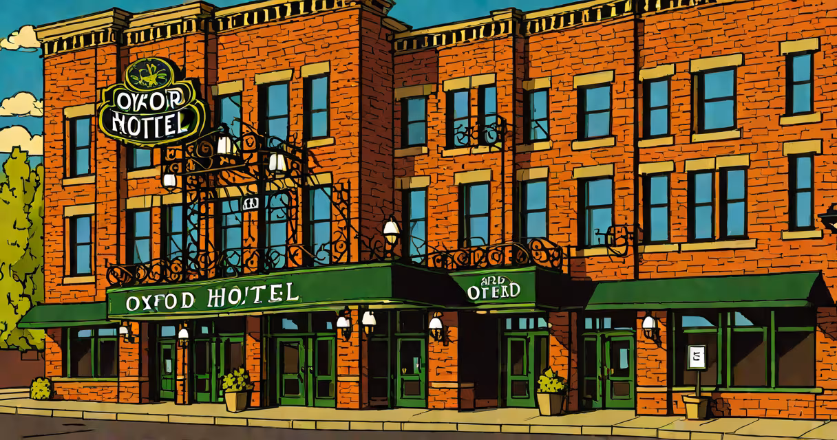 Classic brick facade of the Oxford Hotel in Bend, Oregon, with warm lighting and a vintage sign