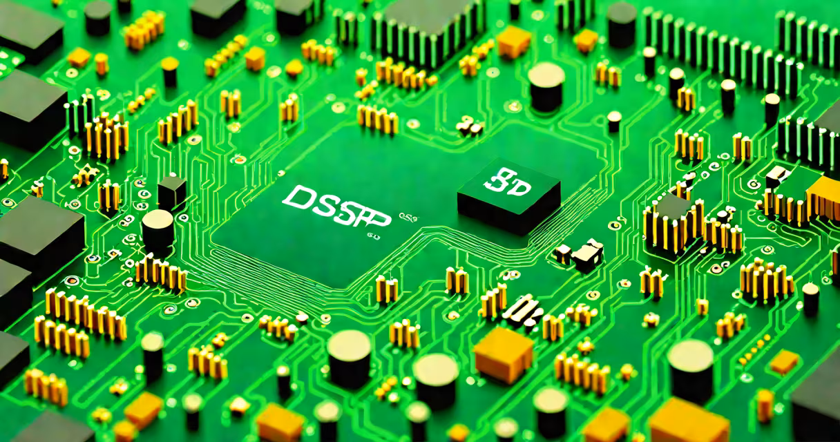 Close-up of a circuit board with a digital signal processor chip labeled "DSP"