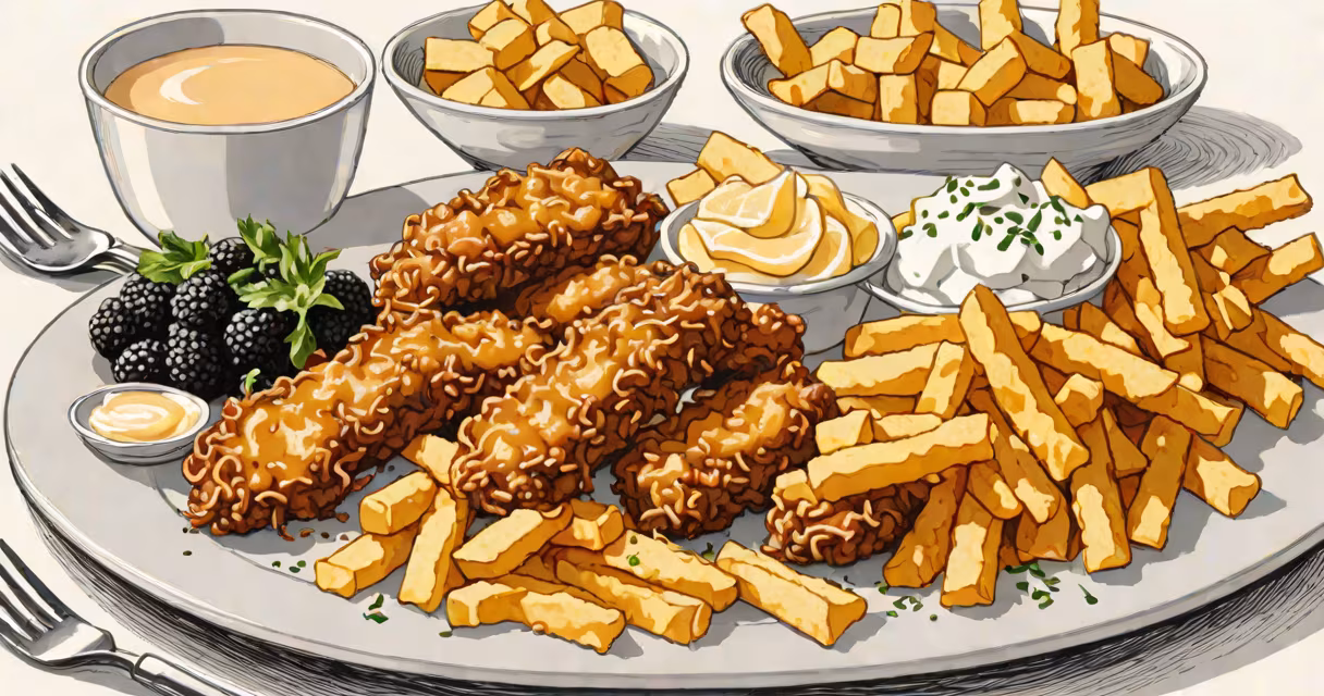 Close-up of a plate with fried food, sugary snacks, and dairy products beside a strand of hair on a white background