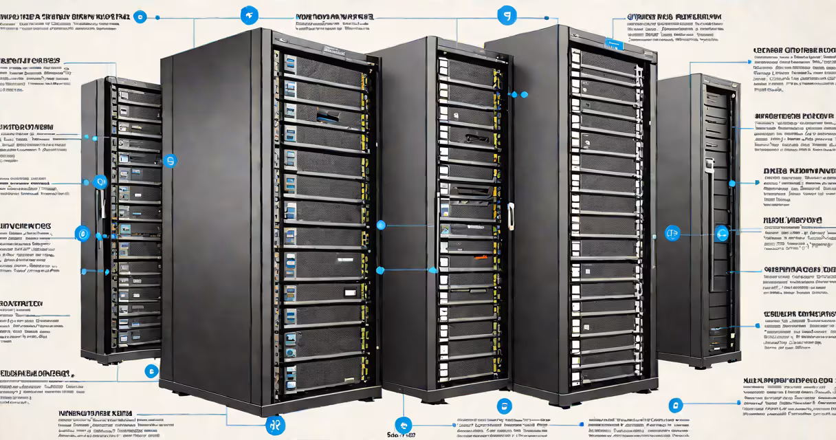 High-resolution image of a modern server rack with labeled storage drives and cloud network icons in the background