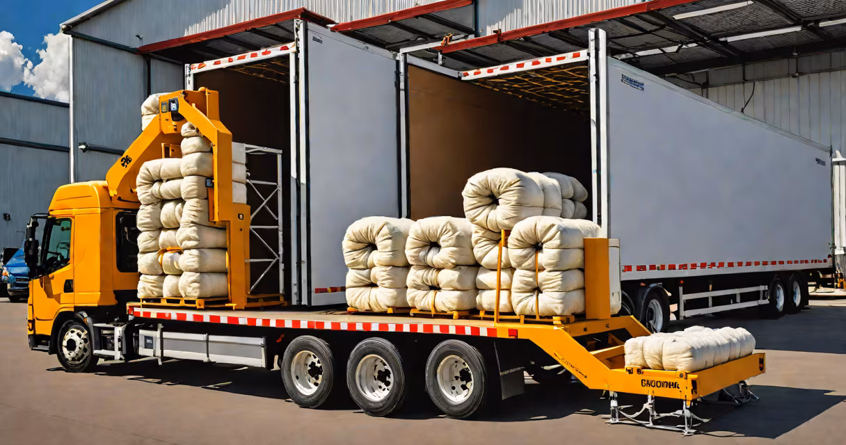 Professional insulation blower machine being loaded onto a truck for transport
