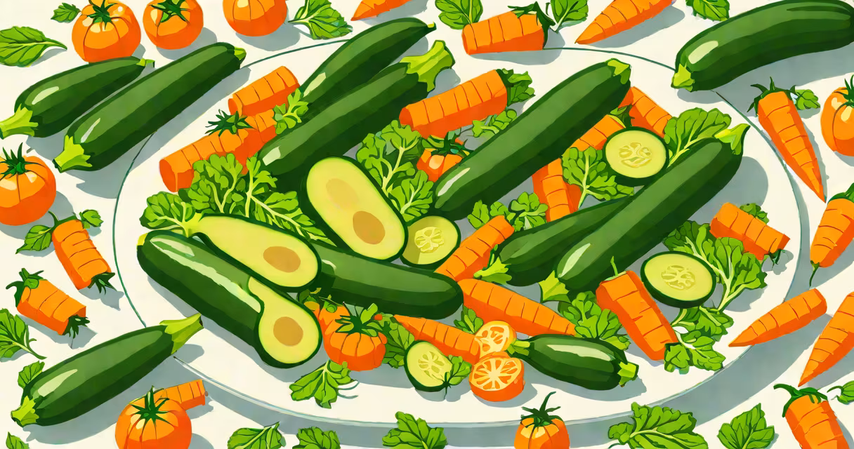 Fresh zucchini, carrots, and spinach arranged on a white plate under soft natural light