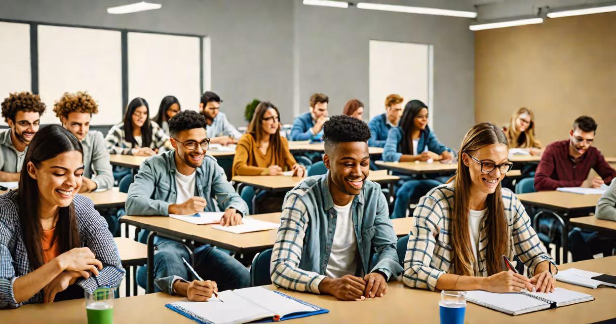 Modern university classroom with diverse students collaborating on project work