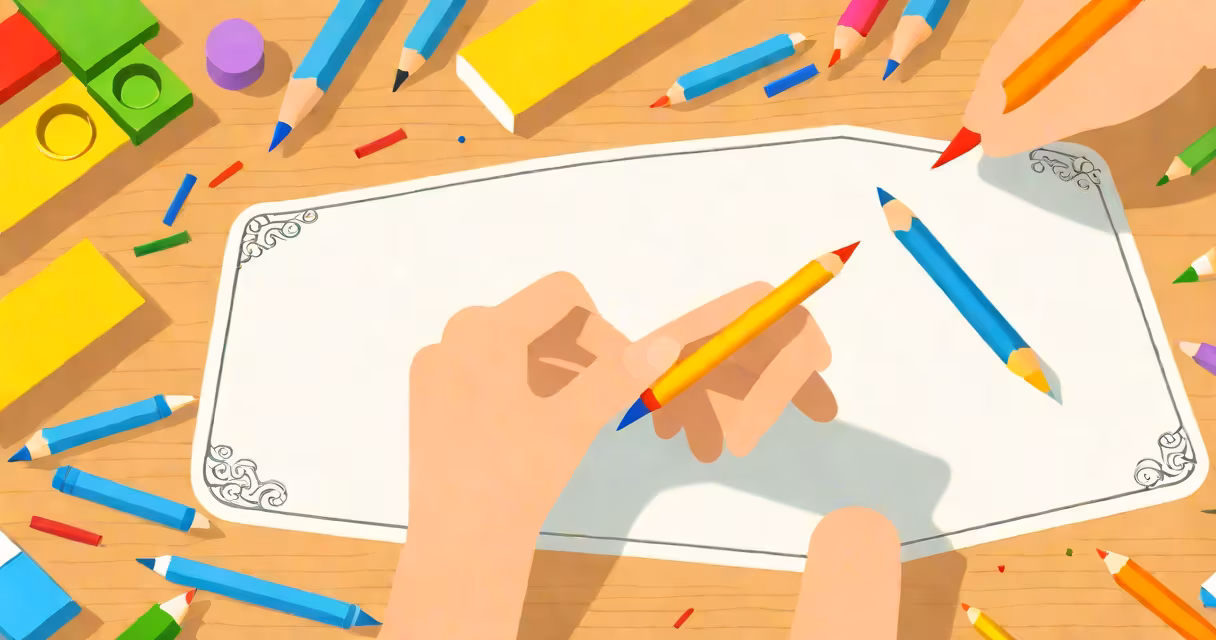 A child's hand holding a crayon, tracing a letter in sand tray, sunlight on wooden table