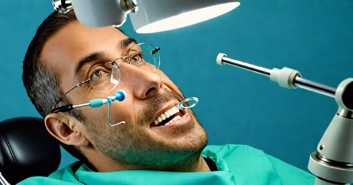 Photograph of a dental technician working with crowns and models under a magnifying lamp
