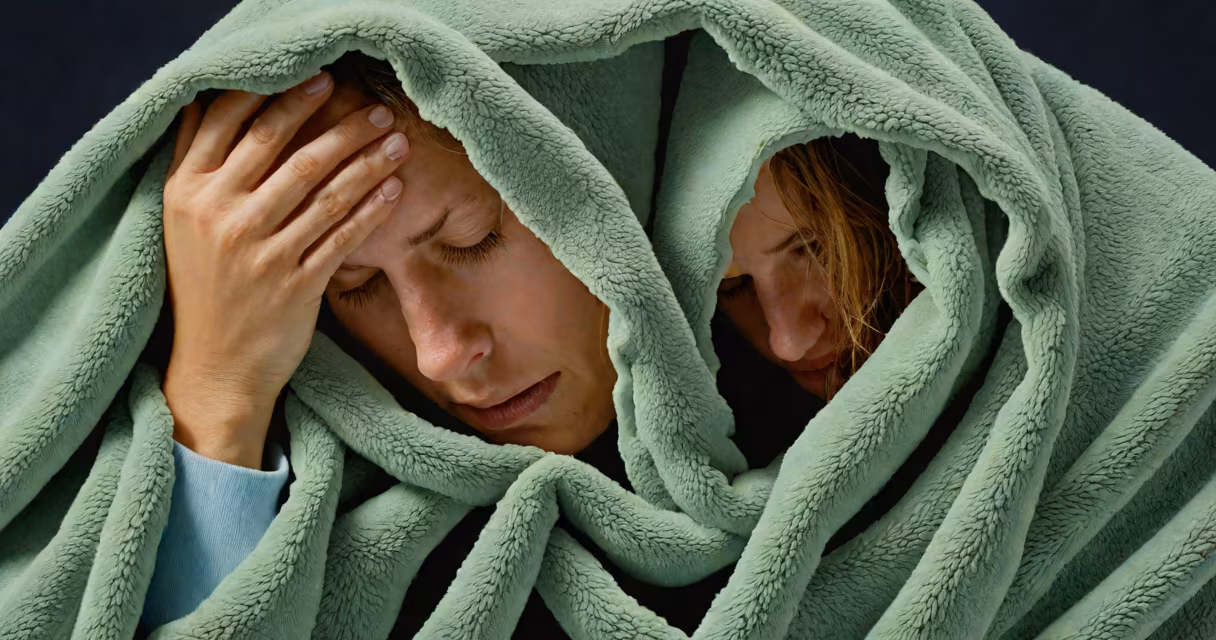 Close-up of a person shivering under a blanket, indicating chills without visible fever