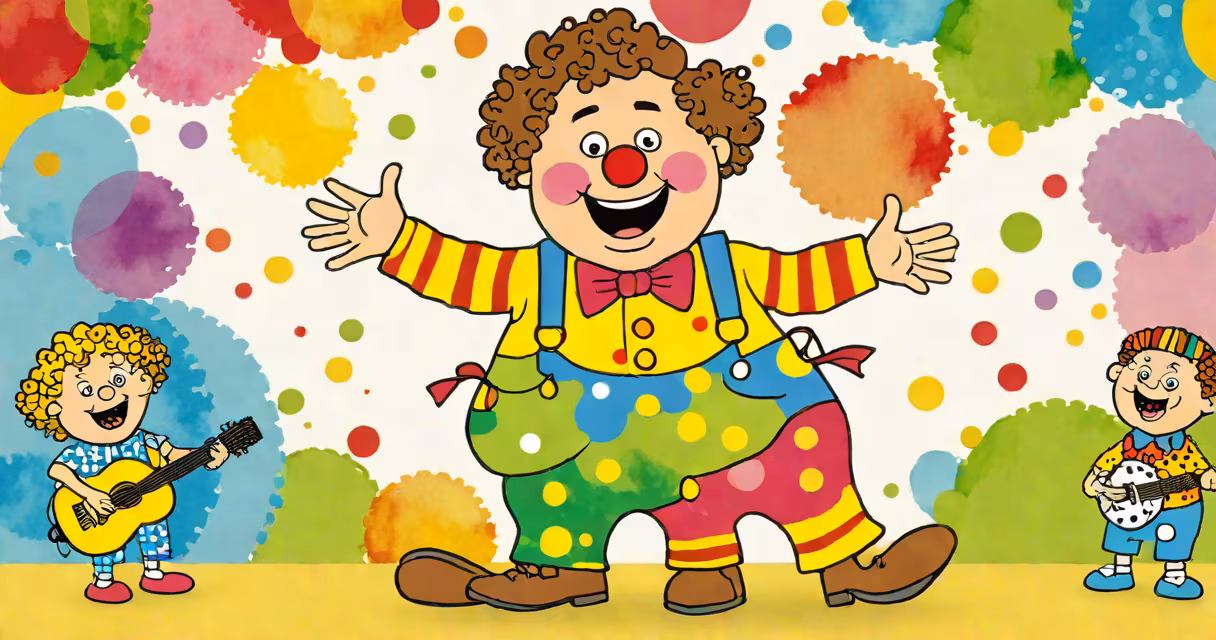 A colorful puppet version of Mr Tumble performing a song on a bright CBeebies set