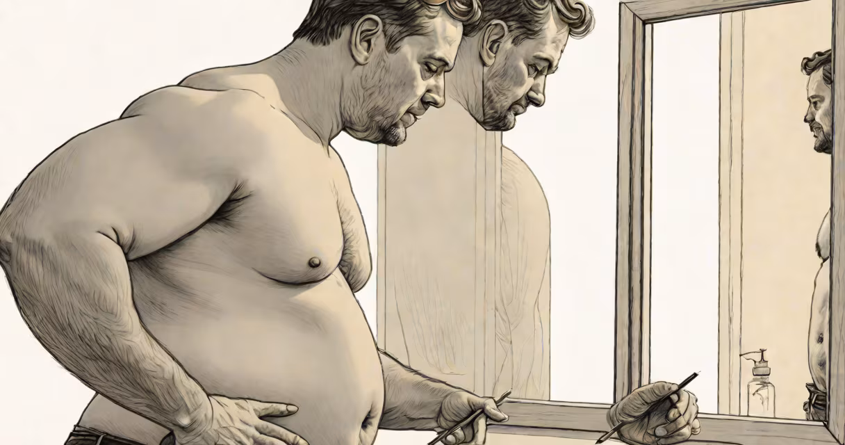 Side profile of a man with visible abdominal fat, standing in front of a mirror