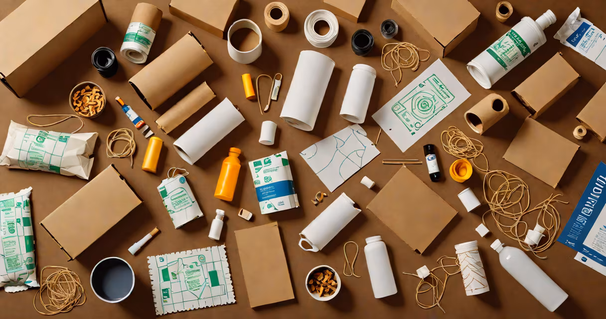 A clean photo of biodegradable packaging materials arranged on a wooden table with natural light