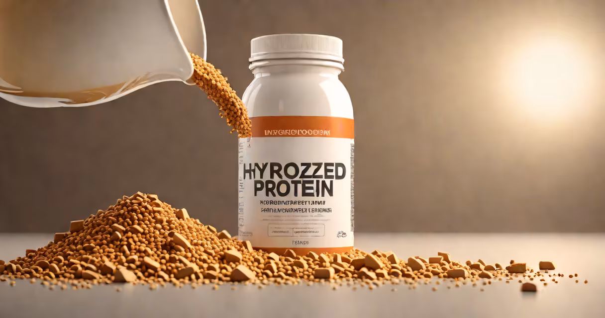 Close-up of a supplement bottle labeled "hydrolyzed protein" with powder being poured into a shaker