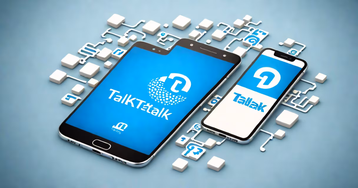 Blue and white TalkTalk logo with a support icon and a smartphone showing a help chat interface