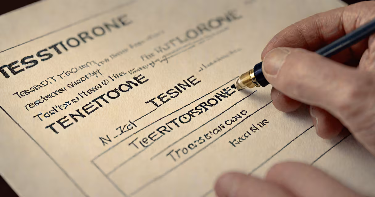 Close-up of a man's hand holding a prescription bottle labeled “testosterone” with a medical chart in the background