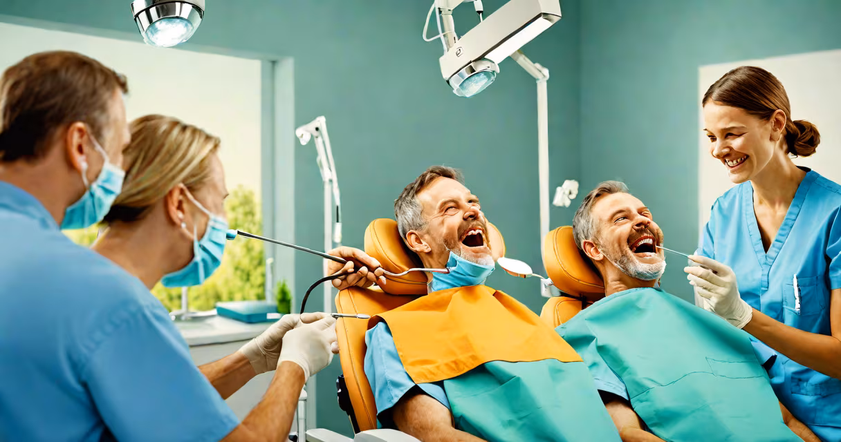 Digital illustration of a German family receiving dental care with a health insurance card labeled "DA Direkt"