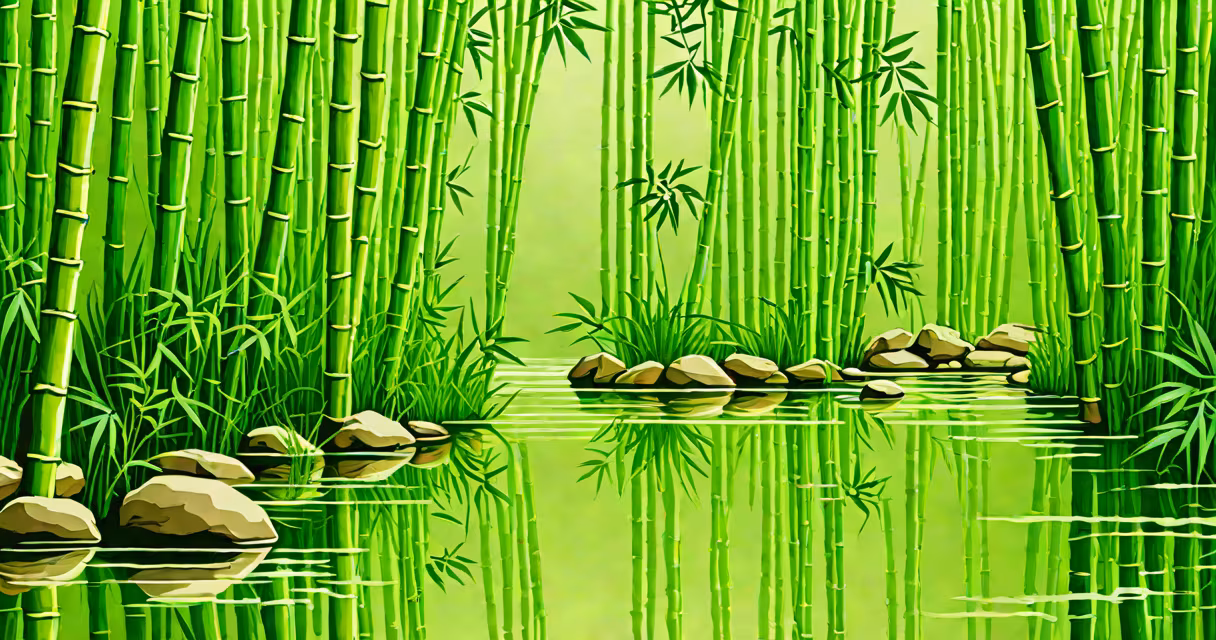 Soft light on a bamboo forest with gentle ripples in a nearby stream, evoking calm